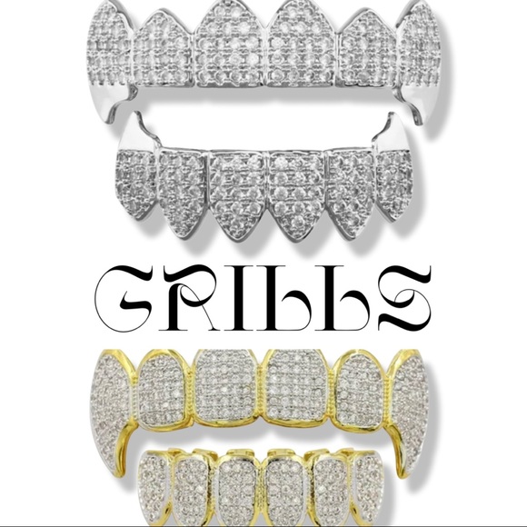Set 2 Piece Unisex Silver or Gold Diamond Plated Vampire Style Teeth Grills - Picture 1 of 6
